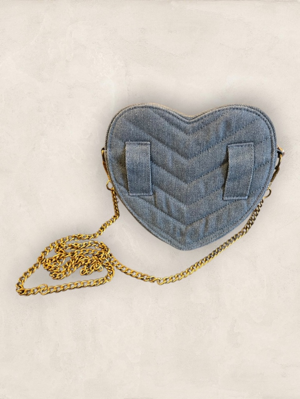 Heart Shaped Denim Crossbody Bag Quilted Blue w Chain & Extra Straps - Picture 4 of 13